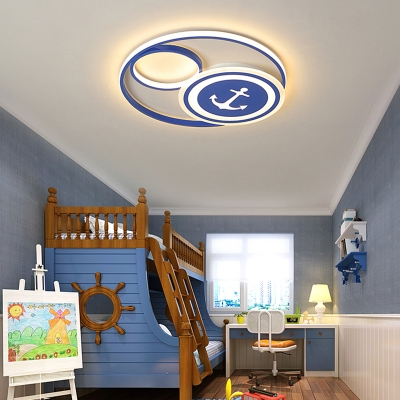 Nautical Circular LED Flush Ceiling Light Acrylic Kids Bedroom Flush Mount Light with Anchor Pattern in Blue-White