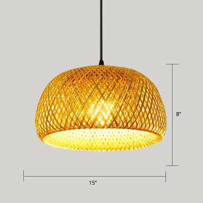 Nordic Style Handmade Ceiling Light Rattan 1 Bulb Restaurant Hanging Lamp in Wood
