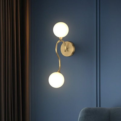 Opal Matte Glass Ball Wall Sconce Simplicity Gold Finish Wall Mounted Light with Curved Rod