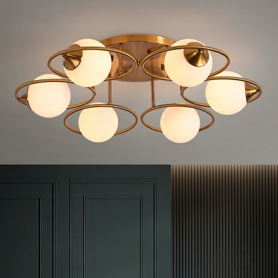 Post-Modern Ball Semi Flush Mount Glass Bedroom Ceiling Light with Metal Rings in Brass