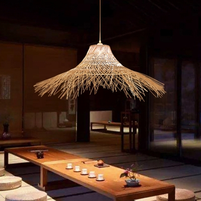 South-east Asia Straw Hat Pendant Light Rattan Single Restaurant Hanging Pendant Light in Wood