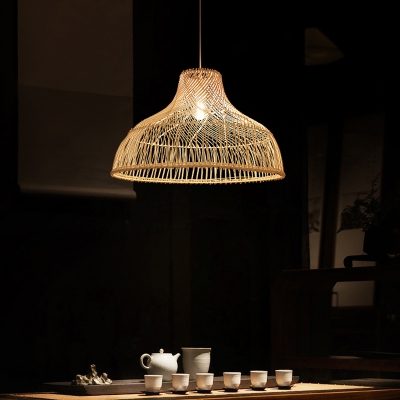 Straw Hat Suspension Light Simplicity Rattan 1-Light Restaurant Pendant Light Fixture in Wood