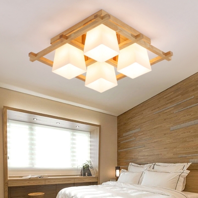 Wood Checkered Flush Ceiling Light Nordic White Glass Flushmount Lighting for Bedroom