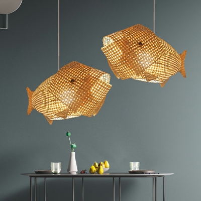 Wood Fish Shaped Pendulum Light Asia 1-Light Bamboo Hanging Light Fixture for Restaurant