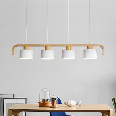 Wooden Linear Island Light Nordic Style Ceiling Suspension Lamp with Drum Metal Shade