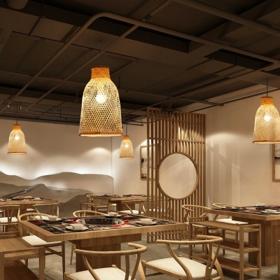 Woven Geometric Shaped Ceiling Pendant Asian Bamboo 1 Head Wood Hanging Light Fixture