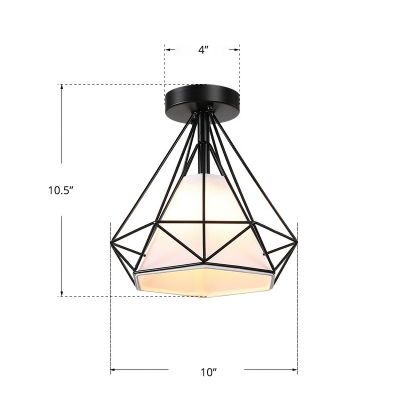 1-Light Diamond Ceiling Lamp Loft Style Black Metal Semi Flush Light Fixture for Corridor