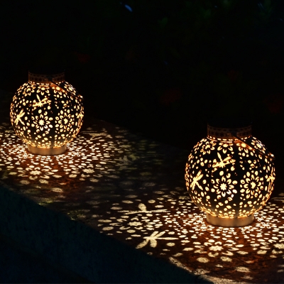 1 Pc Hollow Lantern Metallic LED Suspension Light Decorative White Solar Ground Light with Handle