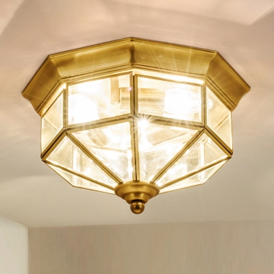 3-Bulb Octagonal Flush Mount Lamp Colonial Style Gold Glass Panes Ceiling Light for Balcony