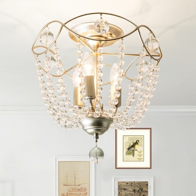 3 Bulbs Semi Flush Mount Traditional Basket Crystal Bead Close To Ceiling Chandelier in Silver