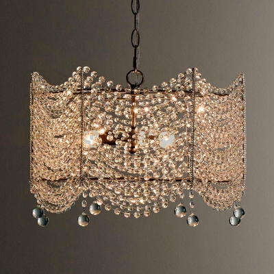 3 Heads Chandelier Pendant Light Vintage Scalloped Crystal Bead Hanging Light in Silver
