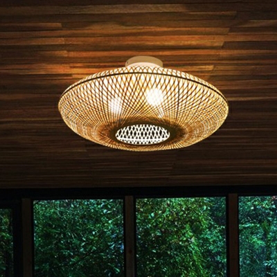 3-Light Bedroom Ceiling Mounted Fixture Asian Wood Flush Mount Light with Round Bamboo Shade