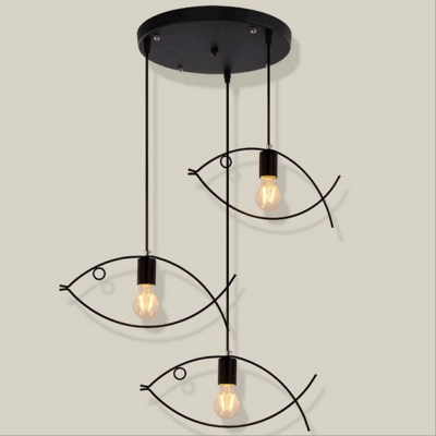 3-Light Cluster Pendant Minimalist Fish Shaped Iron Hanging Ceiling Light in Black for Dining Room