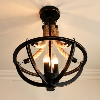 3-Light Wrought Iron Pendant Chandelier Country Hemispherical Cage Kitchen Suspension Light