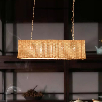 4 Lights Dining Room Island Lighting Ideas Asian Wood Suspension Lamp with Rectangle Bamboo Shade