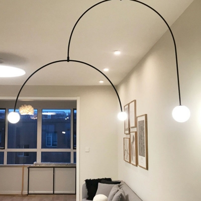 Arched LED Suspension Light Nordic Metal 3 Bulbs Living Room Chandelier Light with Sphere Opal Glass Shade in Black