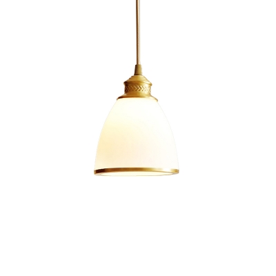 Brass Bell Shaped Pendant Light Minimalist Ivory Glass Single Dining Room Down Lighting