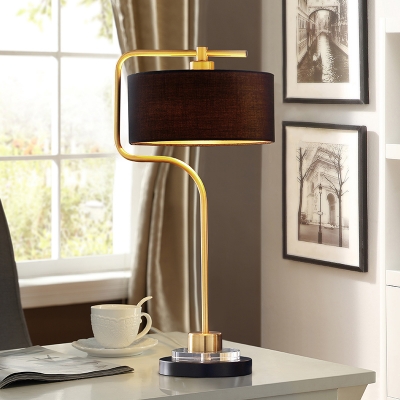 Country Style Round Nightstand Lamp 1-Light Fabric Table Light in Black and Brass