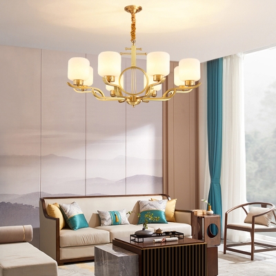 Cream Glass Cylindrical Chandelier Lighting Antique Living Room Ceiling Light in Brass