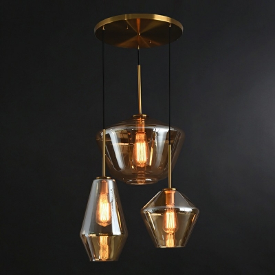 Diamond Multiple Lamp Pendant Postmodern Glass 3-Light Brass Finish Ceiling Lighting for Dining Room