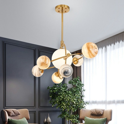 Globe Chandelier Light Simplicity Planet Glass 7 Bulbs Living Room LED Pendant Light in Gold