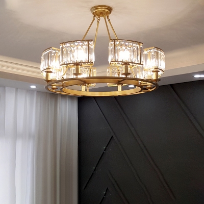 Gold Circular Chandelier Light Fixture Postmodern Crystal Block Suspension Lamp for Dining Room