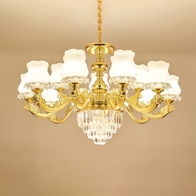 Gold Finish Chandelier Light Traditional White Glass Floral Hanging Lamp with Tiered Crystal Accents