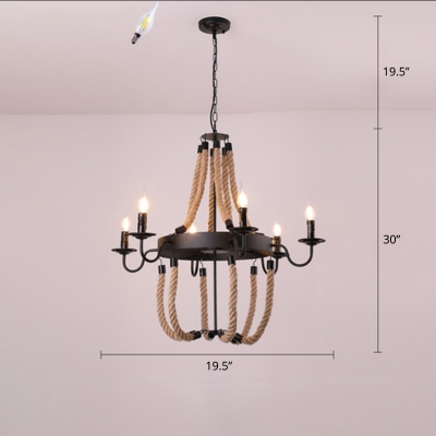 Hemp Rope Wood Chandelier Light Dangling Industrial Hanging Pendant Light for Dining Room