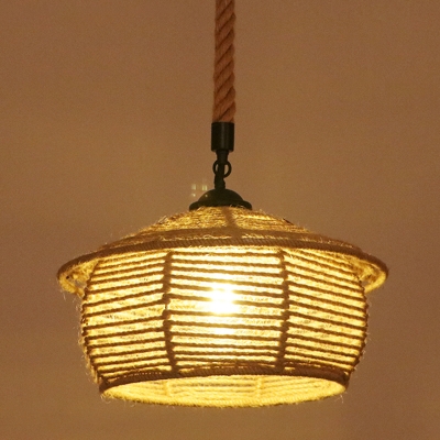 Industrial Style Geometric Pendant Light Single-Bulb Hemp Hanging Light Fixture in Flaxen