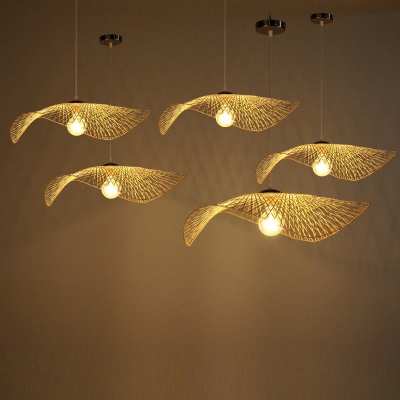 Japanese Style Lotus Leaf Ceiling Light Bamboo 1 Bulb Restaurant Hanging Lamp in Wood