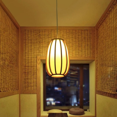 Lantern Bamboo Pendant Light Contemporary Single-Bulb Wood Suspension Light Fixture