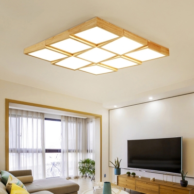 Living Room LED Ceiling Lighting Modern Wood Flushmount Light with Square Acrylic Shade