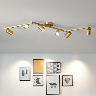Living Room Semi Mount Lighting Post-Modern Gold Track Lamp with Cylindrical Metal Shade