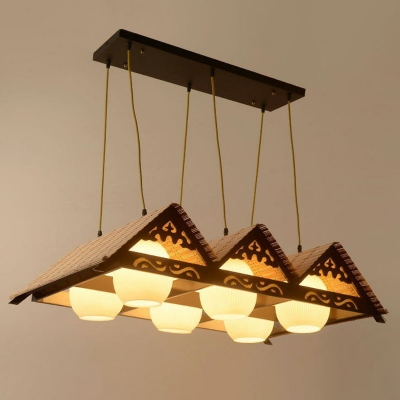 Lodge Gable Roof Pendant Lighting Fixture Bamboo Dining Room Island Light with Ribbed Glass Shade in Wood