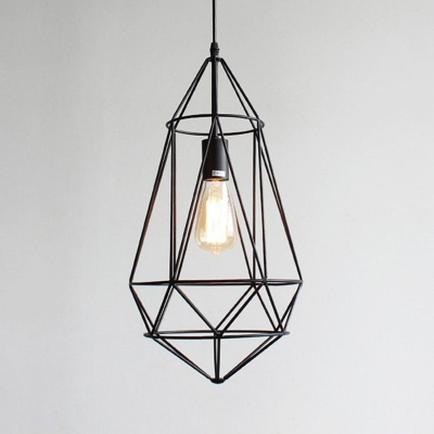 Loft Diamond Shaped Cage Ceiling Lamp 1-Light Metal Hanging Pendant Light in Black