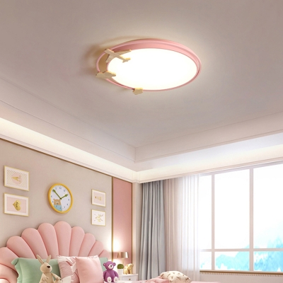 Macaron Circular LED Flush-Mount Light Metal Kids Bedroom Ceiling Fixture with Wooden Cartoon Decorations