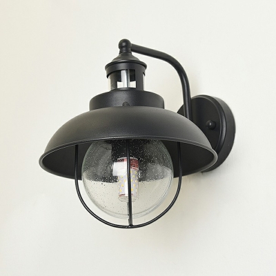Metal Matte Black Wall Light Bowl Shaped 1 Head Retro Sconce with Seedy Glass Shade and Cage for Outdoor