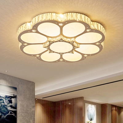 Modern LED Ceiling Lamp White Floral Flush-Mount Light with Acrylic Shade and Crystal Accents