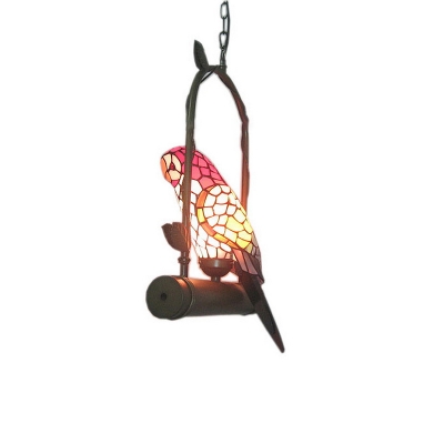 Parrot Chandelier Pendant Light Single-Bulb Stained Glass Retro Style Hanging Light for Corridor