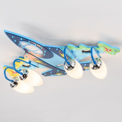 Plane Ceiling Mount Light Fixture Kids Wooden 4-Head Blue Flushmount Light for Nursery