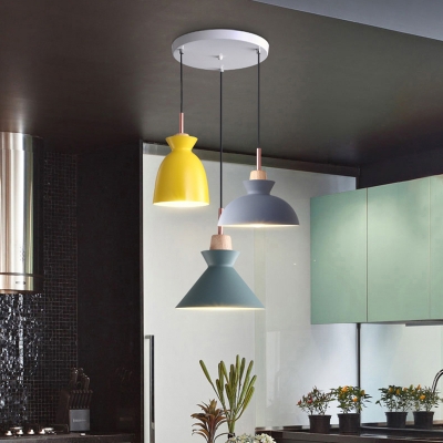 Pot Shaped Cluster Pendant Light Macaron Metal 3 Lights Dining Room Hanging Lamp with Wood Cork