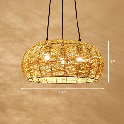 Rattan Nest Suspension Light Fixture Rustic 3-Head Pendant Chandelier for Dining Room