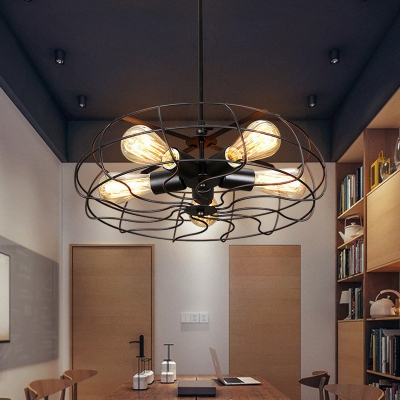 Round Cage Restaurant Pendant Light Fixture Industrial Iron 5-Bulb Ceiling Chandelier