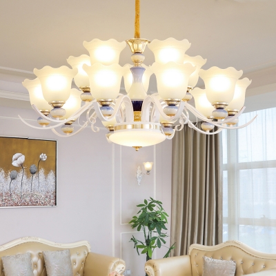 Scalloped Frosted Glass Suspension Light Minimalist Living Room Chandelier in White