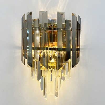 Smoky Crystal Tiered Tapered Sconce Lamp Postmodern 2-Light Brass Plated Wall Mount Light