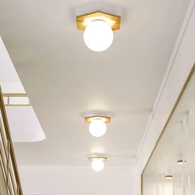 White Glass Geometry Mini Ceiling Lighting Simplicity 1-Light Wood Flush Mount Light for Foyer