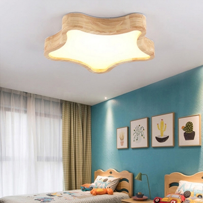 Wooden Celestial Body LED Flush Light Fixture Childrens Ceiling Flush Mount Lamp with Acrylic Shade