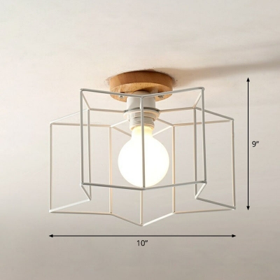 1-Light Geometric Cage Ceiling Mount Lamp Nordic Metal Rotating Semi Flush Light Fixture with Wood Canopy
