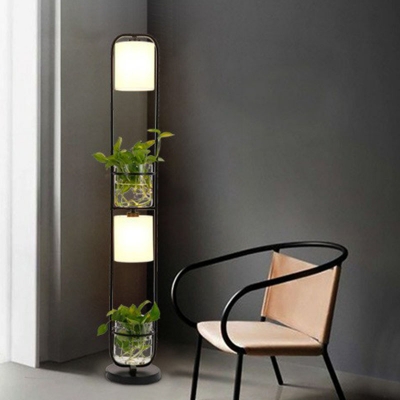 2-Bulb Fabric Floor Light Nordic Black Rectangle Bedside Stand Up Lamp with Glass Plant Pot