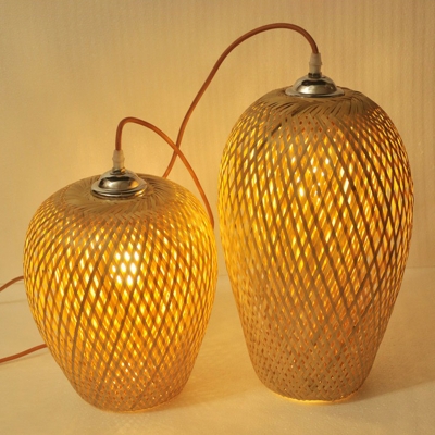 2-Layered Woven Bamboo Pendant Light Chinese Style 1-Light Beige Suspended Lighting Fixture